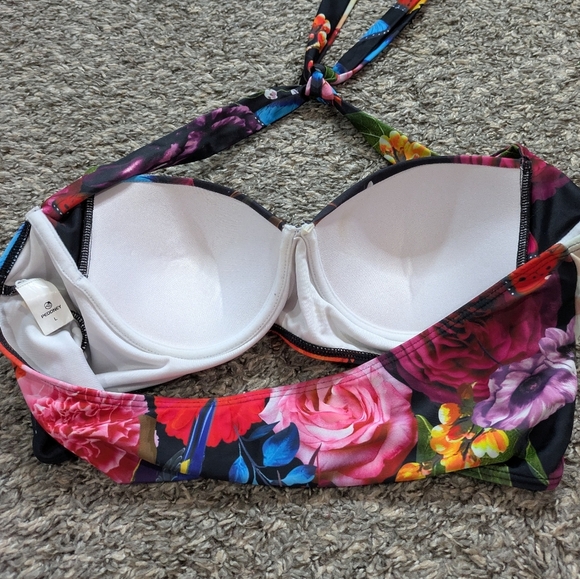 Peddney Black Colorful Flower Bird Butterfly Halter Tie Bikini Top L - Picture 6 of 9